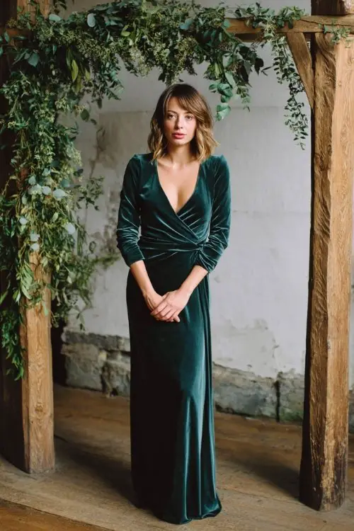 a woman over 50 in a deep emerald velvet wrap gown with long sleeves