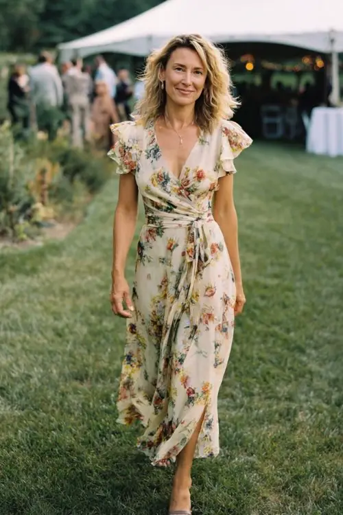 a woman over 50 in a floral print chiffon midi dress with short flutter sleeves