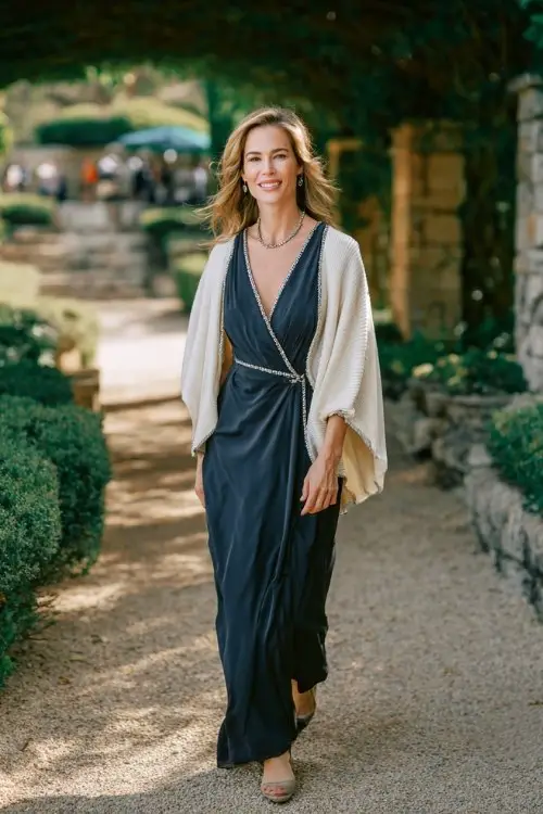 a woman over 50 in a midnight blue wrap dress with silver beaded trim, layered with an ivory knit capelet