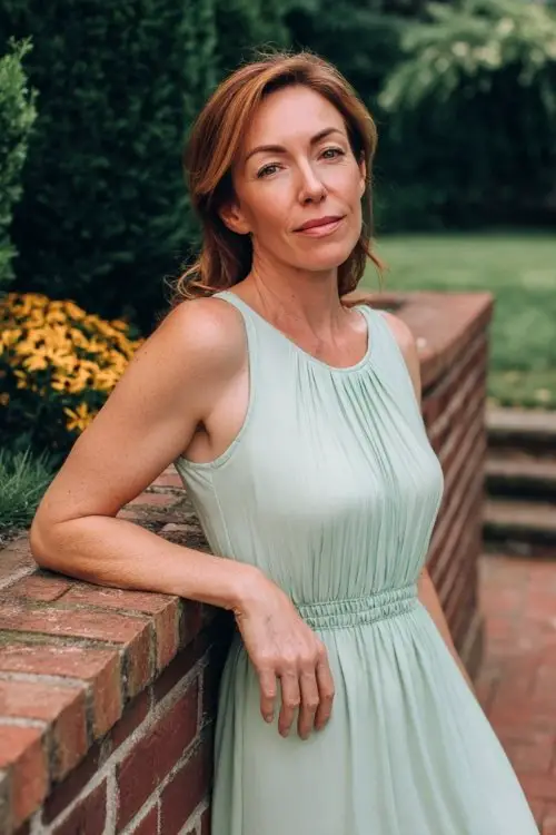 a woman over 50 in a mint green sleeveless dress with pleated bodice