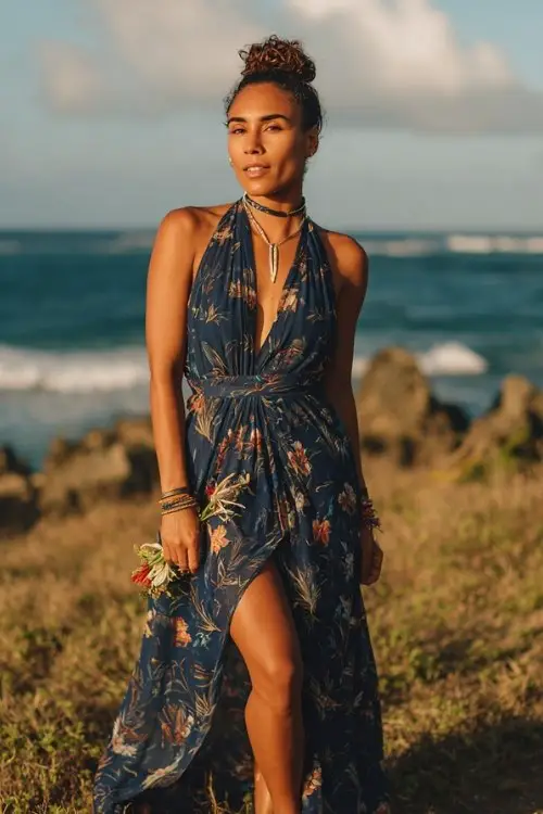 a woman over 50 in a navy floral print maxi dress with halter neckline and slit