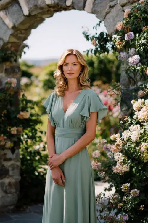 a woman over 50 in a sage green chiffon A-line dress with flutter sleeves