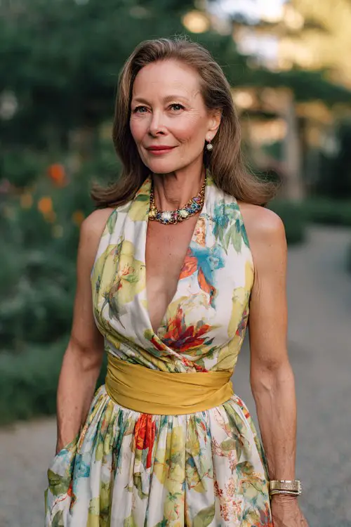a woman over 50 wears a floral dress with a halter neckline