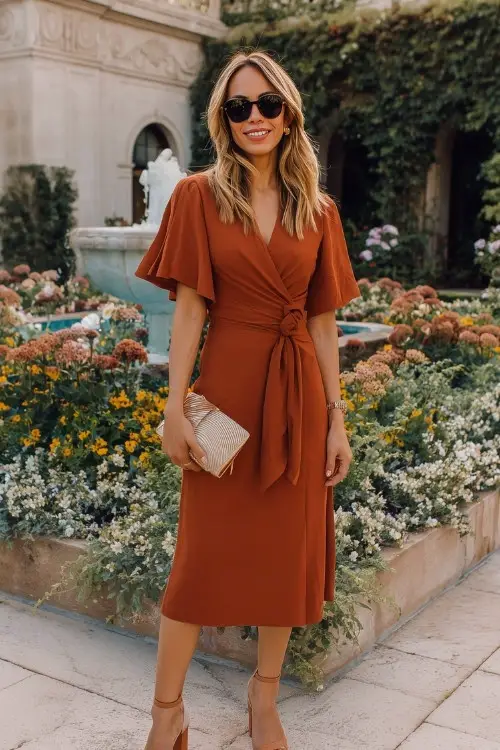 a woman over 50 wears a rust wedding guest dress with matching heels