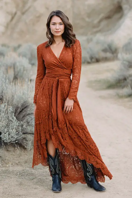 a woman wearing a rust-colored lace maxi dress with wrap neckline and long sleeves, flowy bohemian silhouette