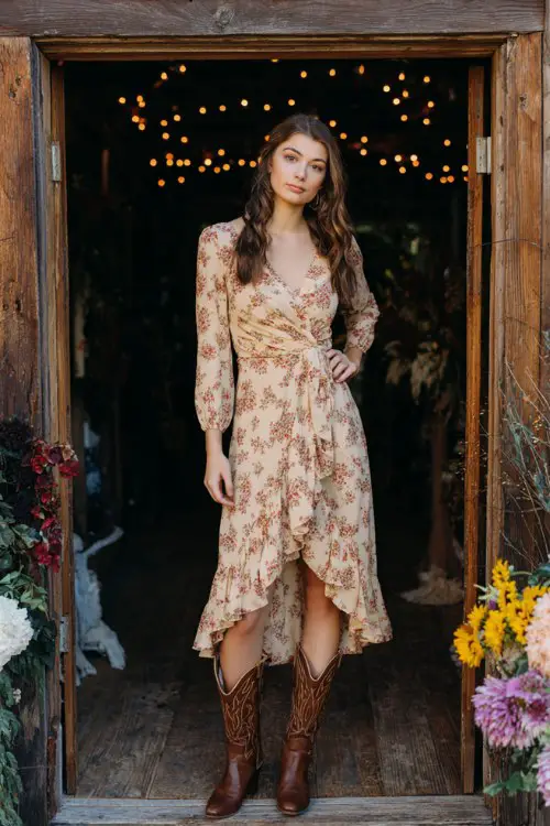 a woman wearing a soft floral wrap dress with long sleeves and ruffled hem, earthy tones, paired with brown knee-high western boots