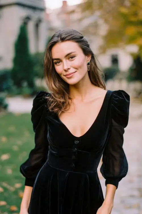 a woman wears a black guest dress for November wedding