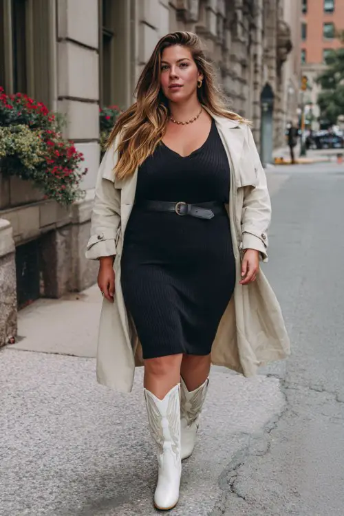 a woman wears a black ribbed dress with white cowboy boots and a trench coat