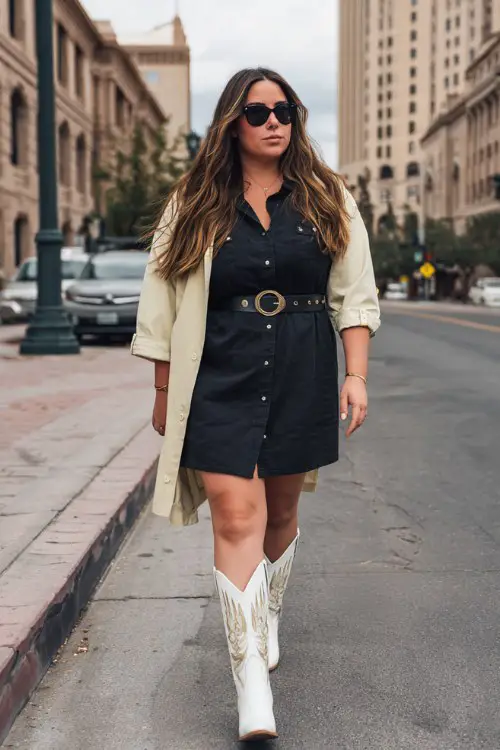 a woman wears a black shirt dress under a trench coat, with white cowboy boots