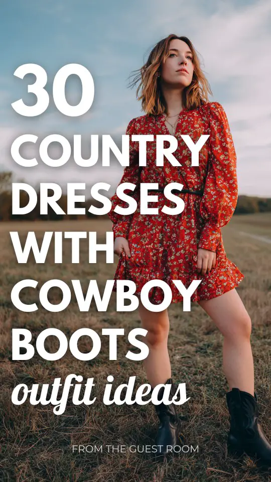 a woman wears a country dress with cowboy boots outfit