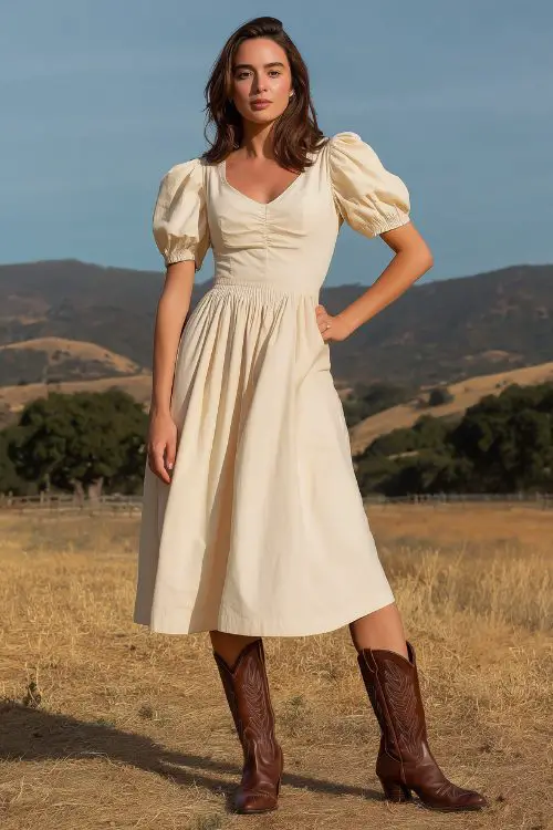 a woman wears a cream country dress with puff sleeves and brown cowboy boots