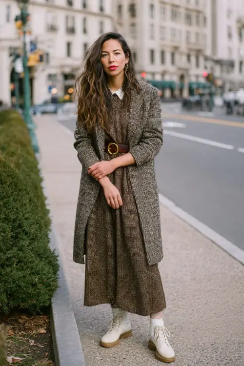 a woman wears a dress with coat for November wedding