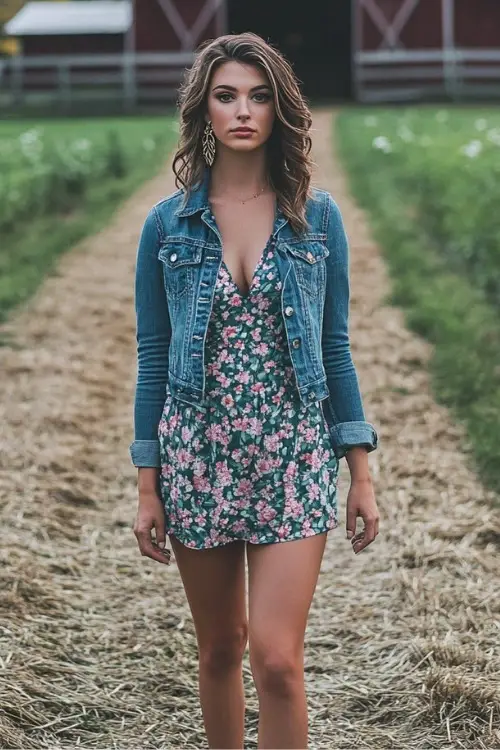 a woman wears a fall dark floral wedding guest dress with a denim jacket