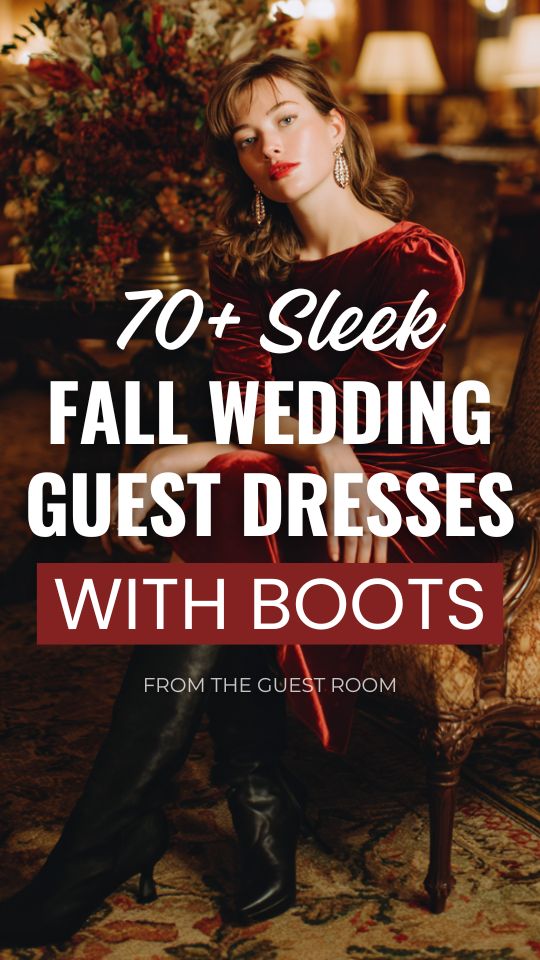 a woman wears a fall wedding guest dress with boots