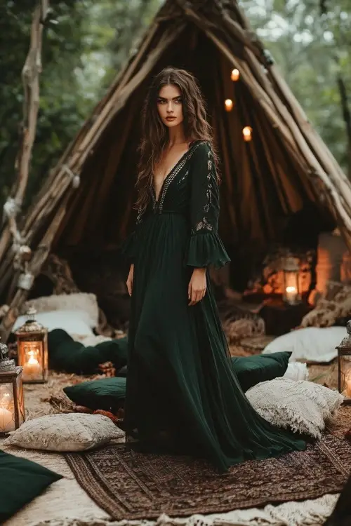 a woman wears a long sleeve green wedding guest dress with V neckline