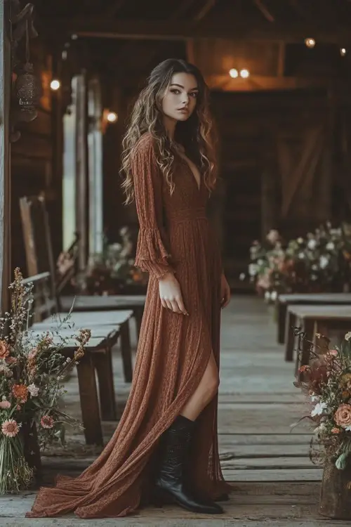a woman wears a rust V neck long wedding guest dress with black cowboy boots