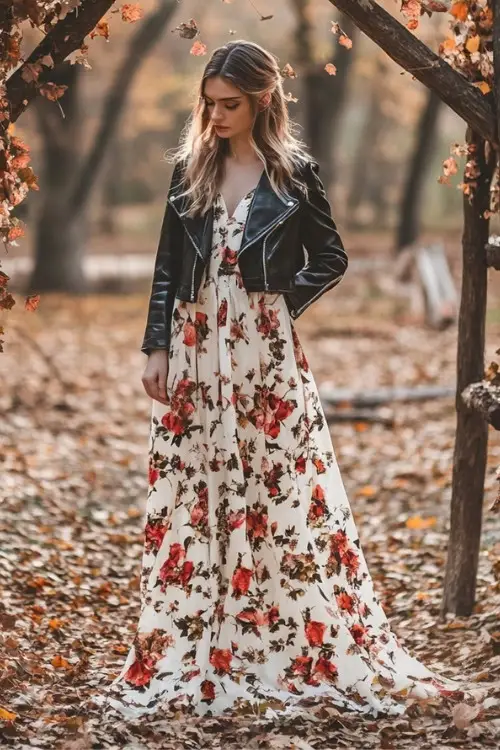 a woman wears a white floral wedding guest dress with a black leather jacket