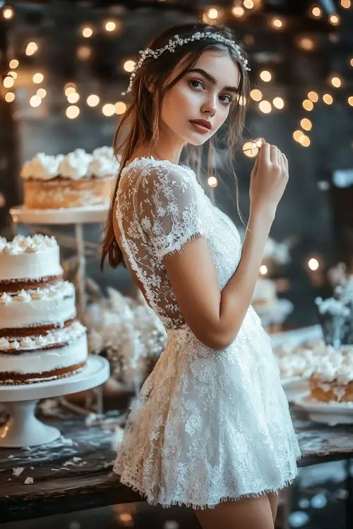a woman wears a white lace wedding guest dress with short hemline
