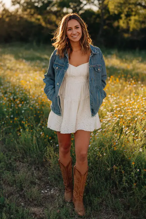 a woman wears a white mini dress with brown cowboy boots and a denim jacket