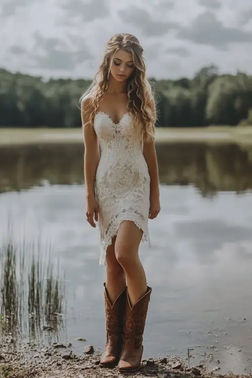 a woman wears a white strapless wedding dress and brown cowboy boots