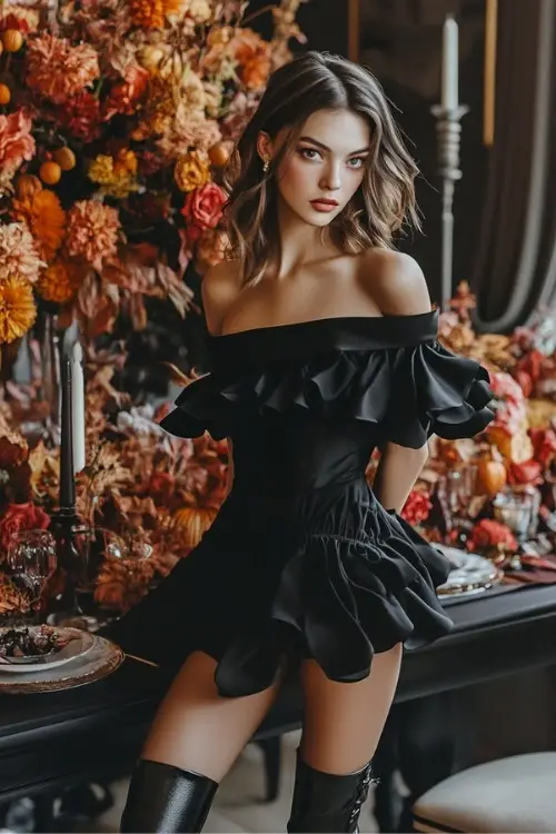 a woman wears an off shoulder black ruffle wedding guest dress and tall black boots