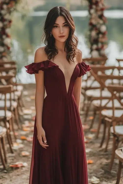 a woman wears an off shoulder burgundy wedding guest dress