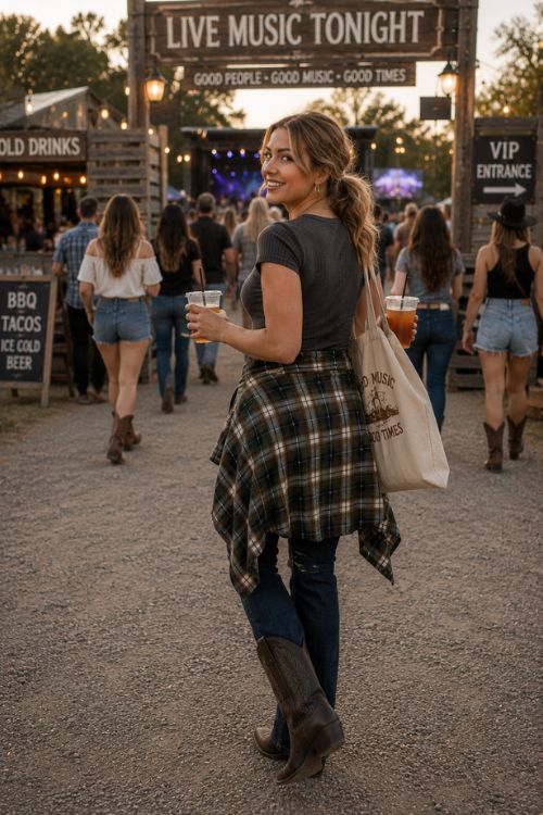a woman wears dark bootcut jeans, a fitted charcoal ribbed tee, a green plaid flannel tied loosely around her waist, chocolate leather cowboy boots