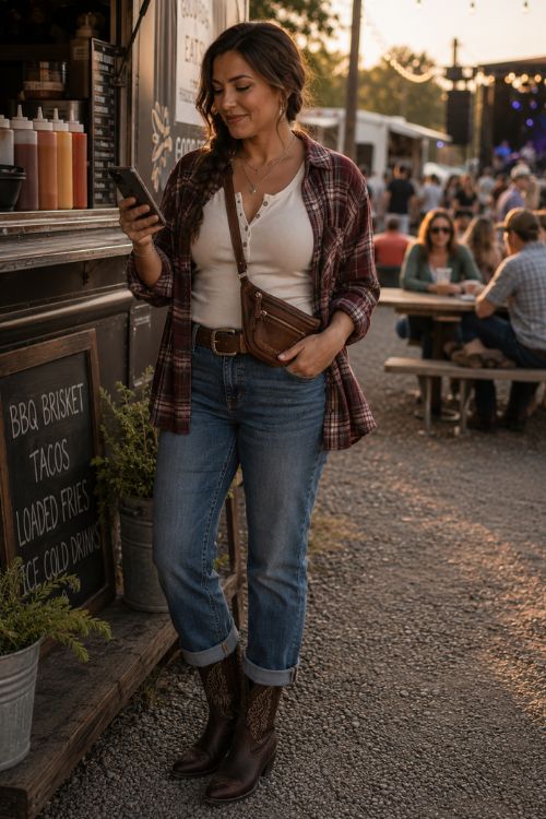 a woman wears medium-wash cuffed straight-leg jeans, a fitted cream henley, a burgundy plaid flannel worn open with the sleeves rolled up, dark brown cowboy boots