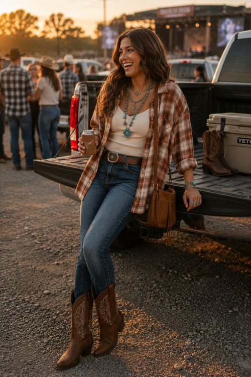a woman wears relaxed straight-leg blue jeans, a cream fitted tank, an oversized rust-and-cream plaid flannel worn open, rich brown embroidered cowboy boots