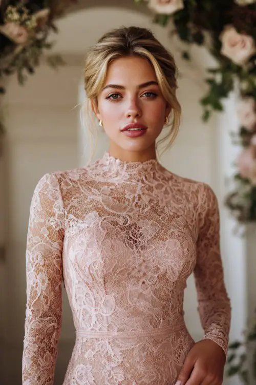 blush pink lace gown with long sleeves, high neckline, fully lined bodice, intricate floral lace patterns