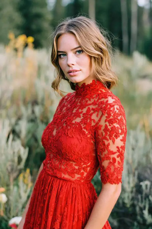 elegant red lace wedding guest dress, high neckline with floral lace overlay, fully lined bodice for modest coverage