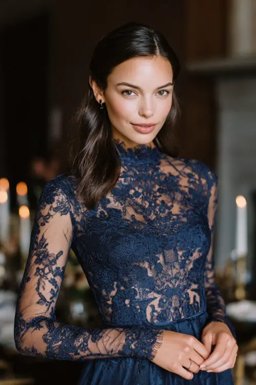 navy lace wedding guest dress, high neckline, long sheer lace sleeves with full lining underneath