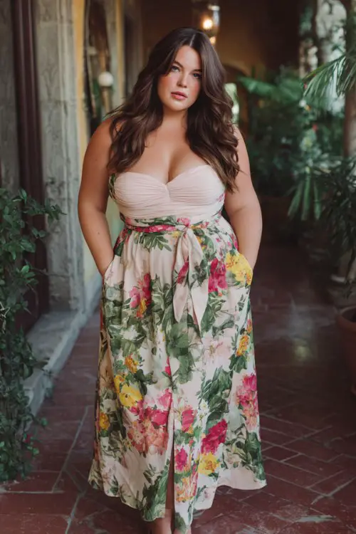 plus-size woman wears a summer wedding guest dress