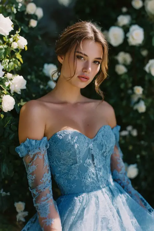soft blue lace dress with structured bodice, modest sweetheart neckline with sheer overlay, off-shoulder lace sleeves