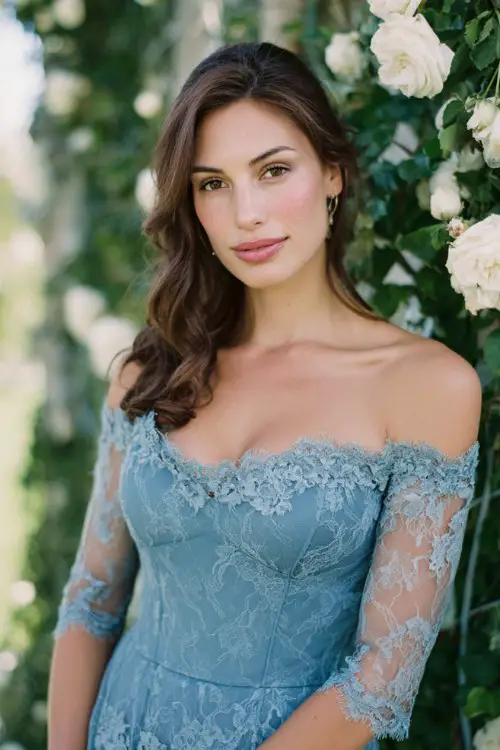 soft blue lace dress with structured bodice, modest sweetheart neckline with sheer overlay, off-shoulder lace sleeves