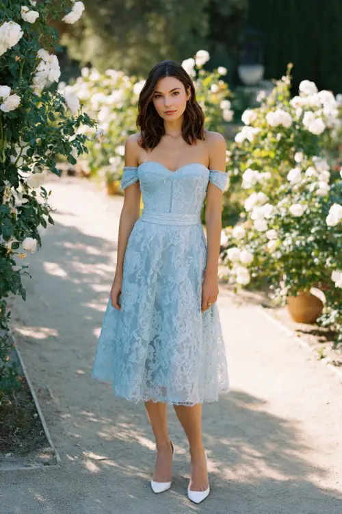 soft blue lace dress with structured bodice, modest sweetheart neckline with sheer overlay