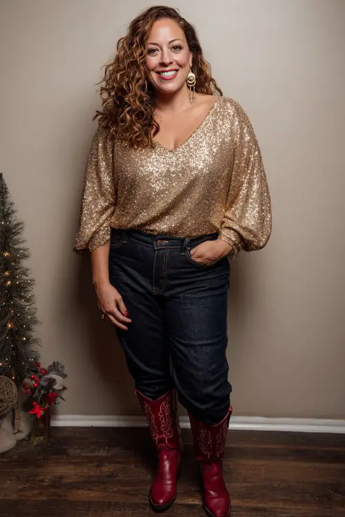 A curvy woman over 40 wears a gold sequin top with dark denim and red cowboy boots