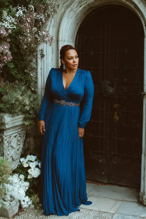 A curvy woman over 40 wears a royal blue pleated gown with long sleeves and a beaded belt