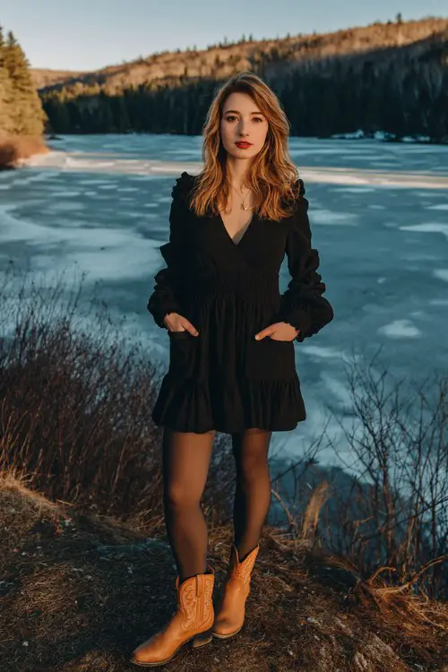 A curvy woman wears a black A-line dress with ruffled cuffs, opaque tights, and brown cowboy boots