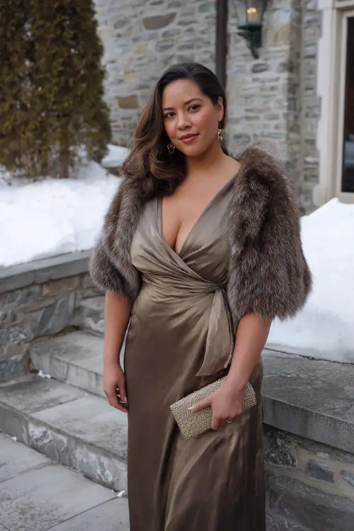 A curvy woman wears a bronze satin wrap gown with a faux fur cape (2)