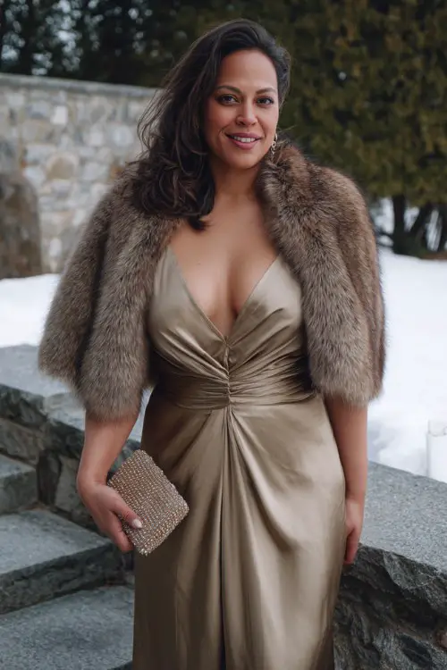 A curvy woman wears a bronze satin wrap gown with a faux fur cape