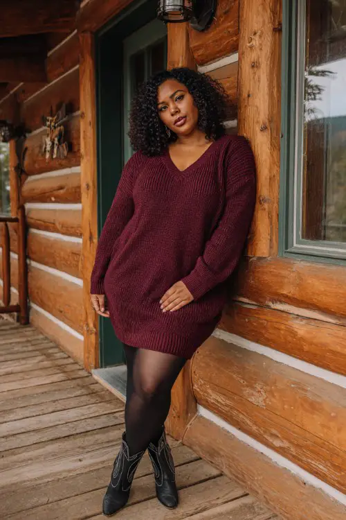 A curvy woman wears a burgundy oversized sweater dress, black opaque tights, and short black cowboy boots