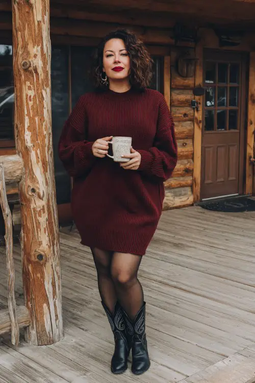 A curvy woman wears a burgundy oversized sweater dress, black opaque tights, and short black cowboy boots