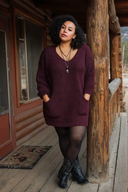 A curvy woman wears a burgundy oversized sweater dress, black opaque tights, and short black cowboy boots