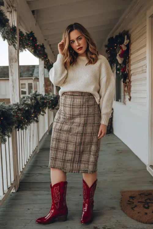 A curvy woman wears a cream sweater tucked into a tartan midi skirt styled with glossy red cowboy boots