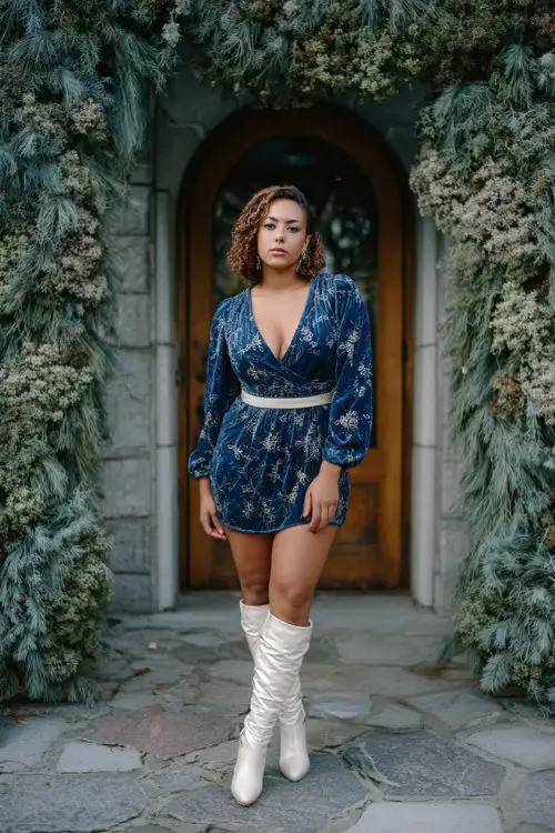 A curvy woman wears a deep blue long-sleeve cocktail dress with metallic floral detailing and knee-high ivory boots