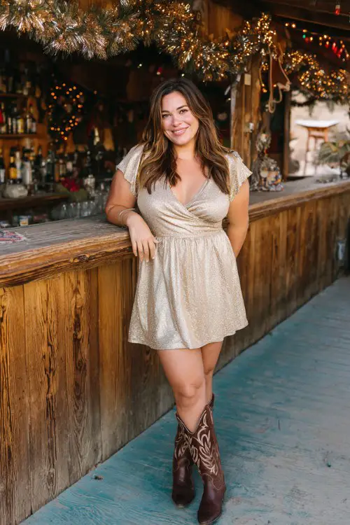A curvy woman wears a gold metallic A-line dress with short sleeves and tall brown cowboy boots