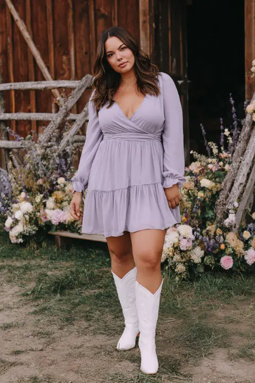 A curvy woman wears a lilac chiffon A-line dress with long sleeves and a tiered skirt, styled with white knee-high cowboy boots
