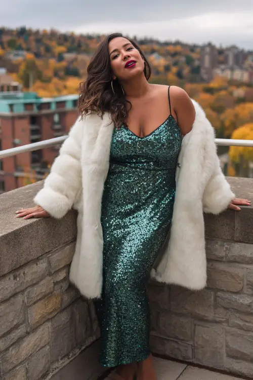 A curvy woman wears a long emerald sequin gown with a white faux fur coat