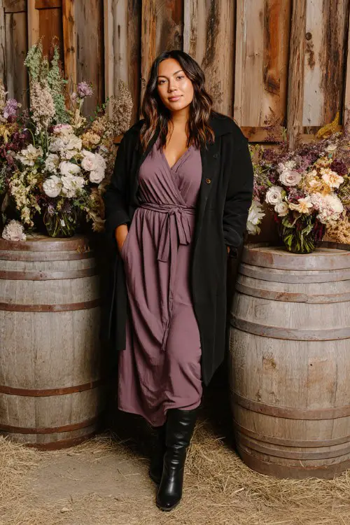 A curvy woman wears a mauve midi dress with a belted black coat and knee-high boots